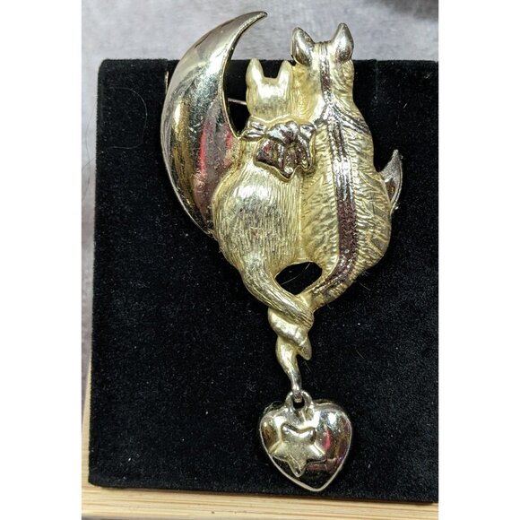 Vintage AJC Cattails Cats On the Moon Holding Tails Brooch - Picture 3 of 4